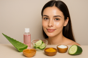 Natural ingredients for glowing skin including aloe vera, honey, cucumber, turmeric, and rose water arranged aesthetically
