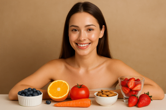 Natural collagen-boosting foods such as berries, citrus, carrots, nuts, and tomatoes arranged aesthetically