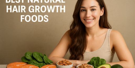 natural hair growth foods like eggs, nuts, spinach, avocado, and salmon arranged beautifully