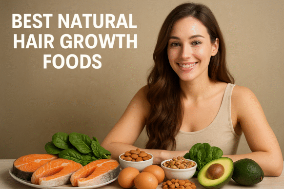 natural hair growth foods like eggs, nuts, spinach, avocado, and salmon arranged beautifully