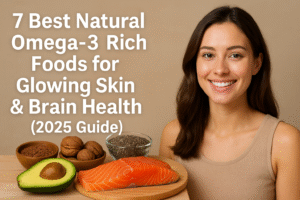 omega-3 rich foods like salmon, walnuts, chia seeds, avocado, and flaxseeds arranged aesthetically