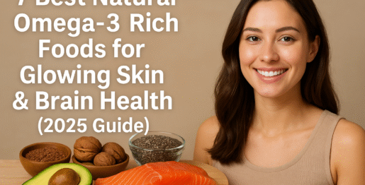 omega-3 rich foods like salmon, walnuts, chia seeds, avocado, and flaxseeds arranged aesthetically