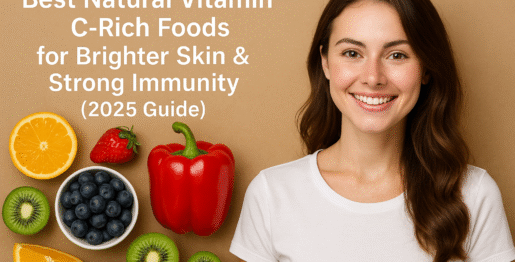A woman smiling with vitamin C-rich foods like oranges, strawberries, kiwi, and red peppers arranged on a clean background
