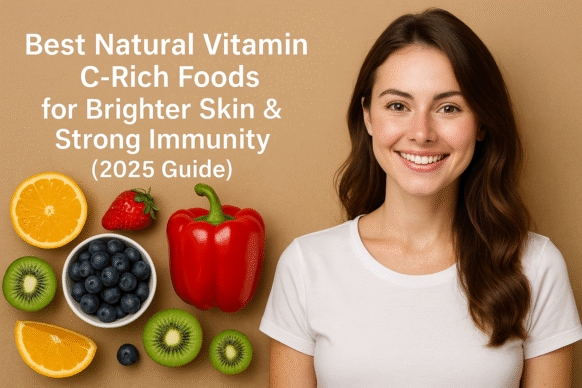 A woman smiling with vitamin C-rich foods like oranges, strawberries, kiwi, and red peppers arranged on a clean background