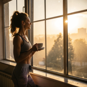 Healthy morning routine items arranged on a clean table, including fruits, water, and wellness essentials for good health.