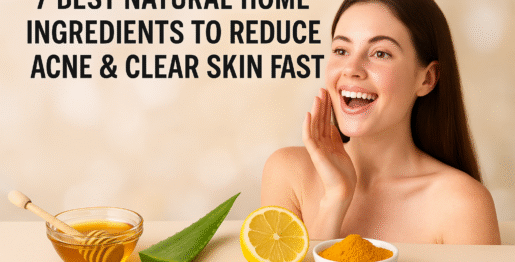 A smiling woman with acne-free glowing skin surrounded by natural ingredients like honey, aloe vera, lemon, and turmeric