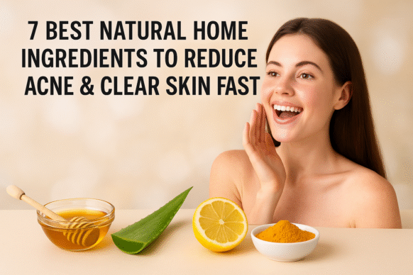 A smiling woman with acne-free glowing skin surrounded by natural ingredients like honey, aloe vera, lemon, and turmeric