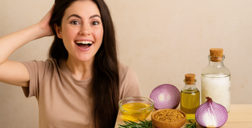 A happy woman touching her thick hair with natural hair regrowth ingredients like onion, rosemary, fenugreek, coconut oil arranged on a tableer hair safely in 2025