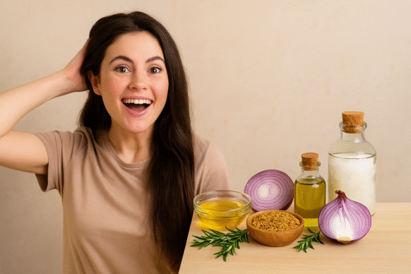 A happy woman touching her thick hair with natural hair regrowth ingredients like onion, rosemary, fenugreek, coconut oil arranged on a tableer hair safely in 2025