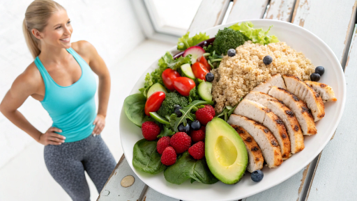 best foods for weight loss A fit woman standing beside a plate of healthy weight-loss food including grilled chicken, avocado, berries, quinoa and fresh vegetables.